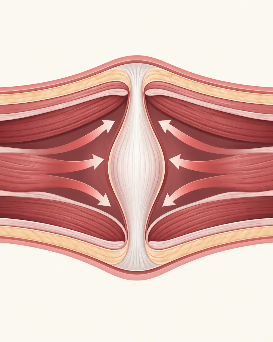 Illustration de la pression abdominale qui pousse vers la ligne blanche et crée un bombement