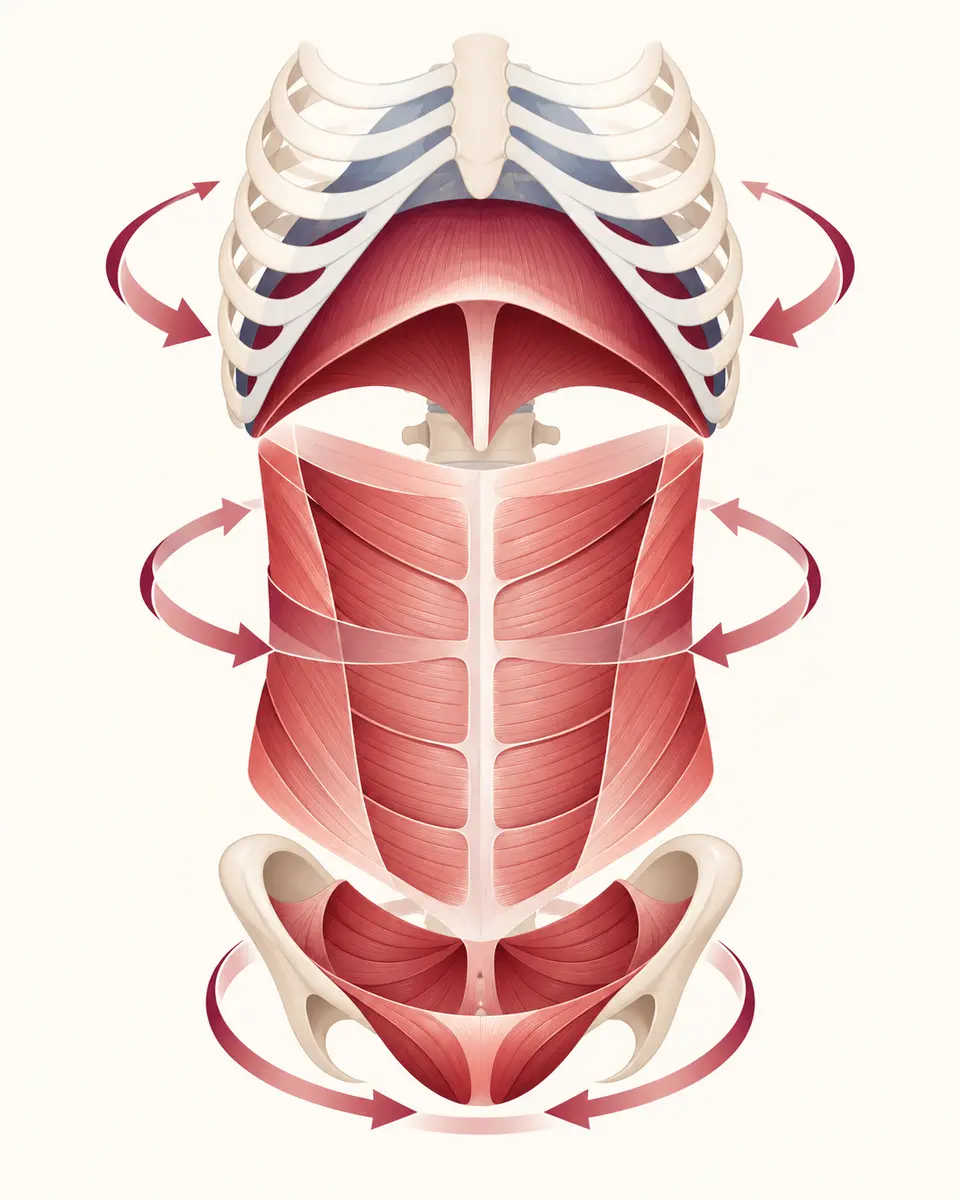 Illustration du diaphragme, des abdominaux et du plancher pelvien travaillant ensemble