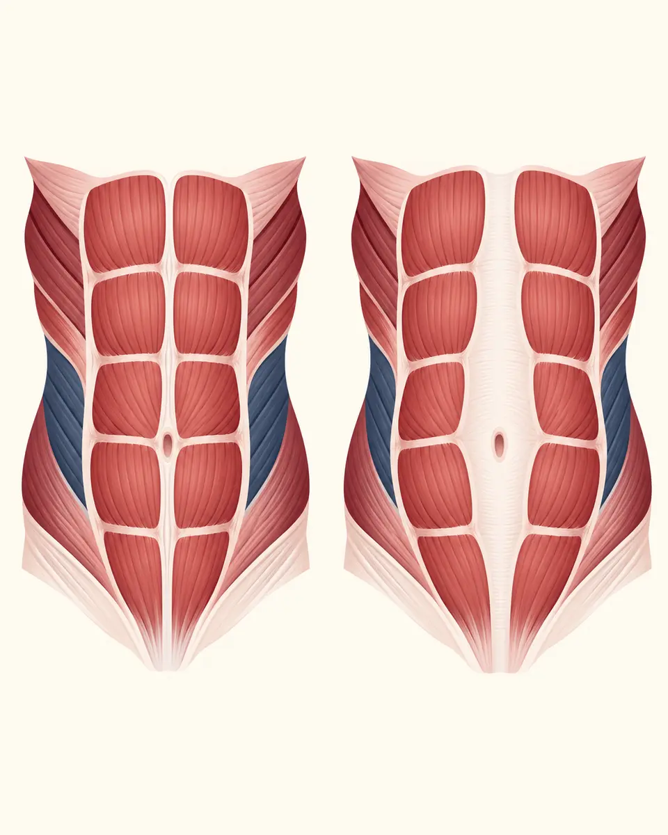 Illustration comparant une paroi abdominale coordonnée et un diastasis des grands droits
