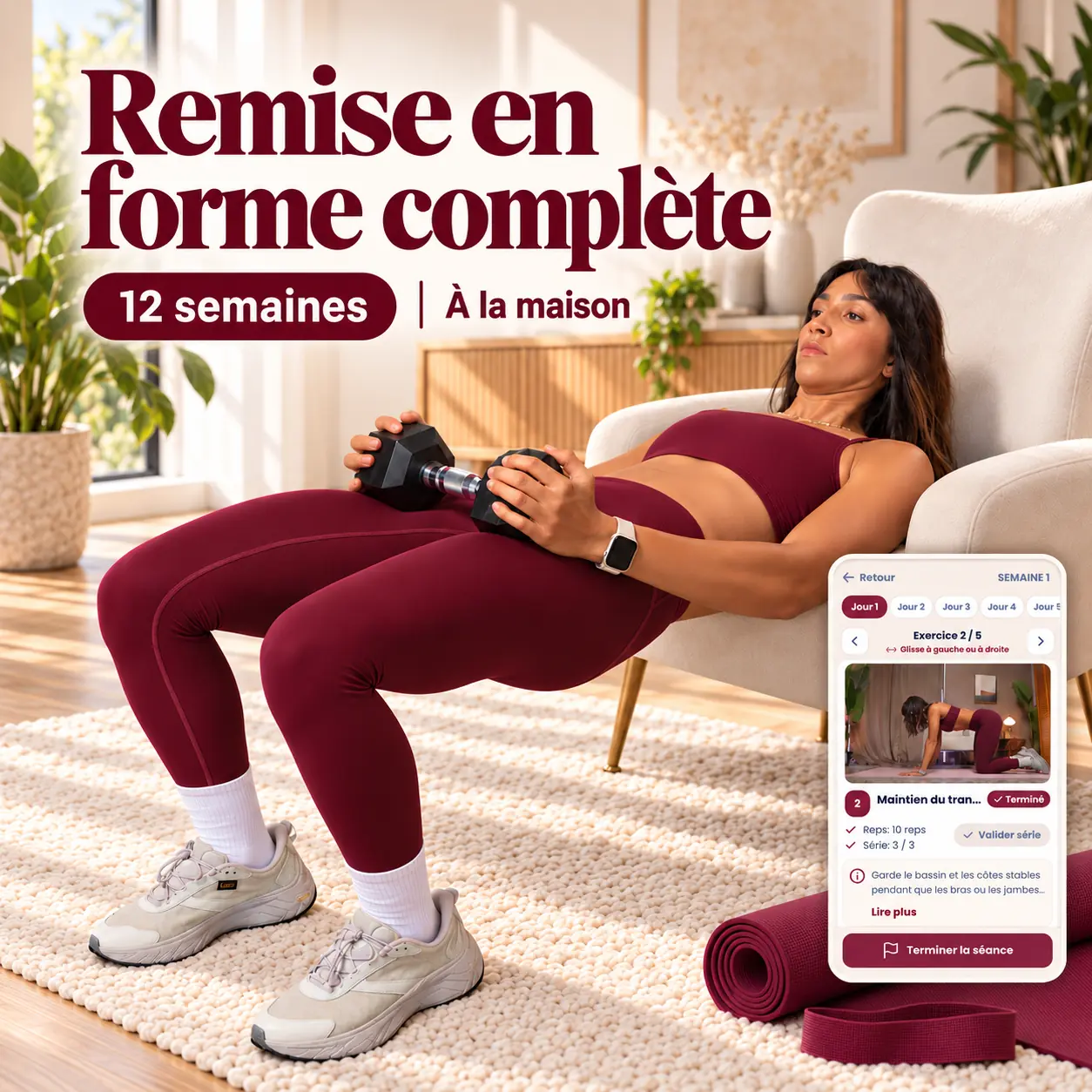 Pina réalise un exercice de renforcement musculaire à la maison avec haltère, tapis et élastique