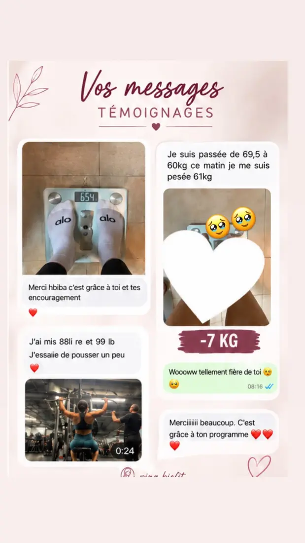 Progression et perte de poids partagées par des clientes